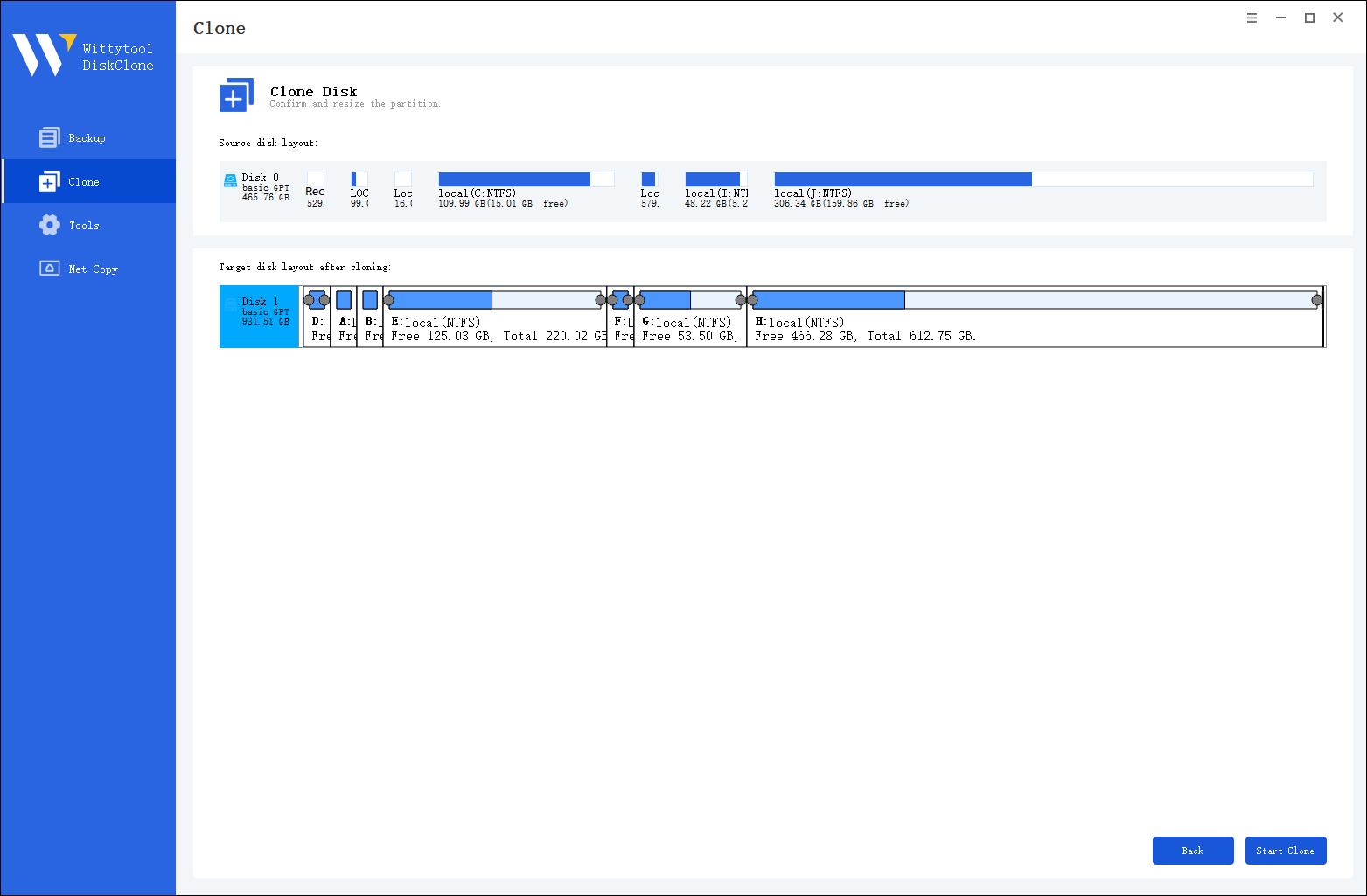 Step 4. Resize partition and start clone